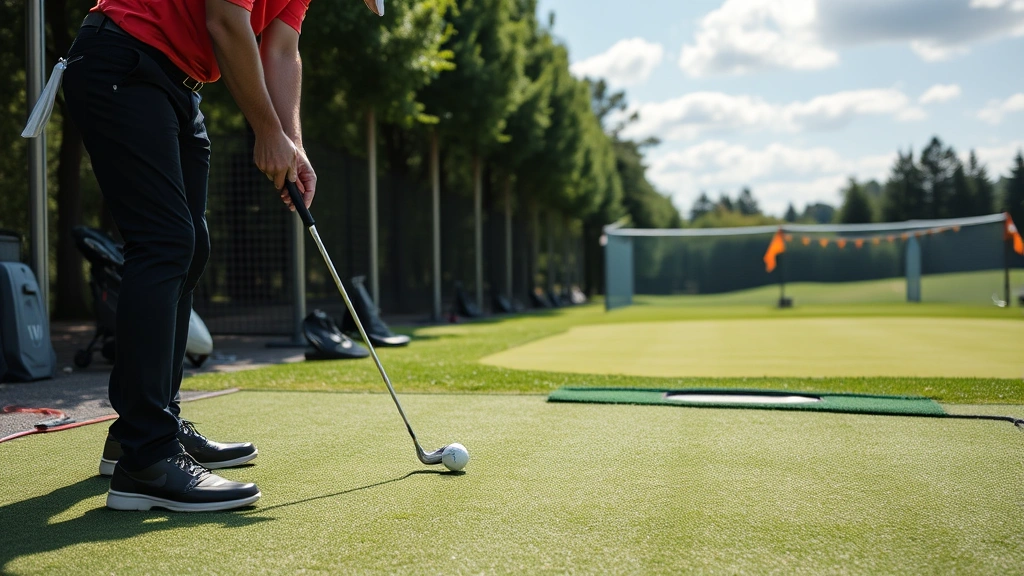 Golfer practicing short game at practice facility, chipping ball toward target, concentration on technique and precision