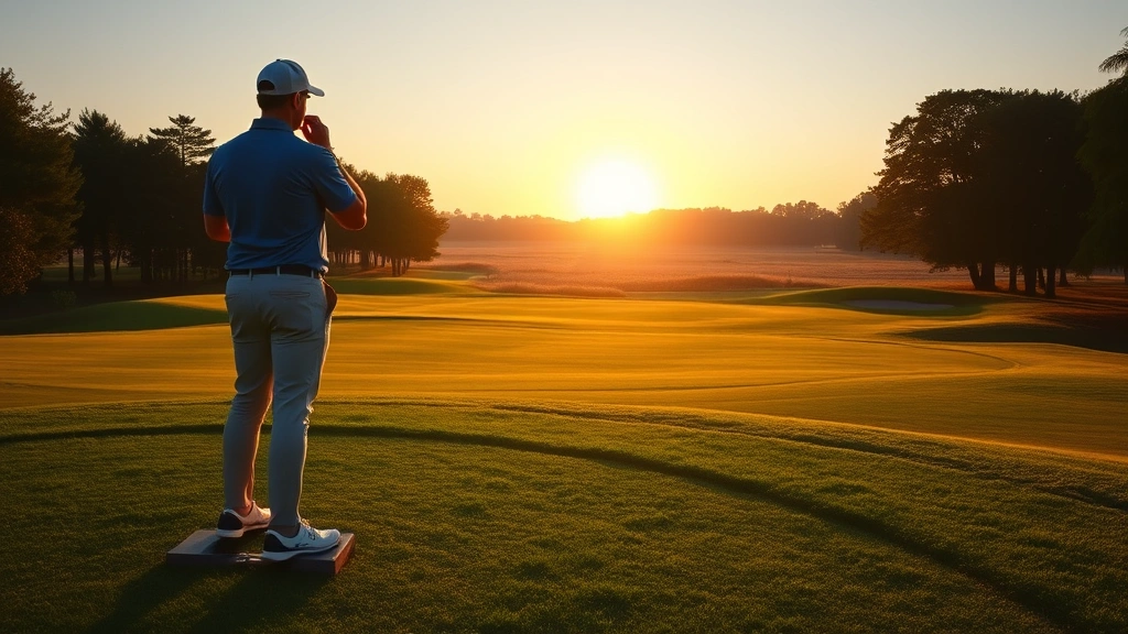 Golfer standing on tee box at sunrise, studying fairway layout with lush green grass and distant trees, peaceful morning atmosphere with clear sky