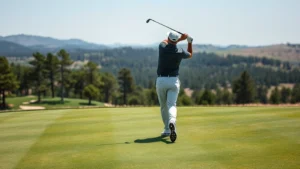 Professional golfer mid-swing on elevated fairway with natural landscape, pine trees, and rolling terrain visible in background, professional course conditions
