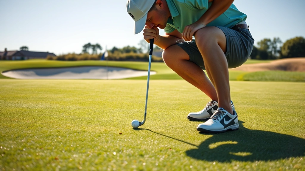 Golfer analyzing green contours before putting, crouching near hole to read slope, pristine manicured green with strategic bunker visible in background