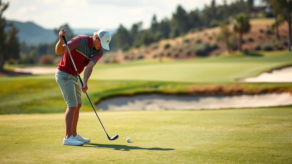 Golfer executing chip shot near green with sand bunker visible, focused concentration on technique, natural lighting showing elevation changes and course architecture