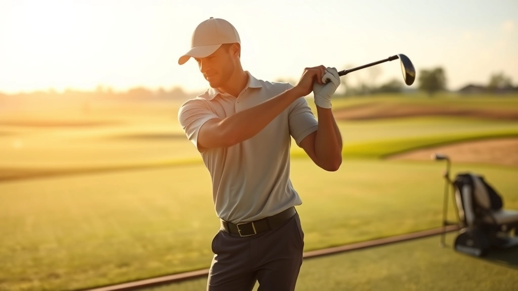 Professional golfer demonstrating proper grip and stance during a lesson at a golf course driving range, with sunlight illuminating the practice area and fairway in background