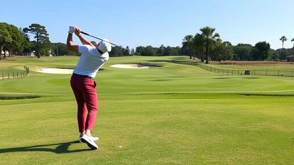 Golfer hitting an approach shot from the fairway toward a green with bunkers visible, showing mid-swing mechanics and proper posture during a tournament round
