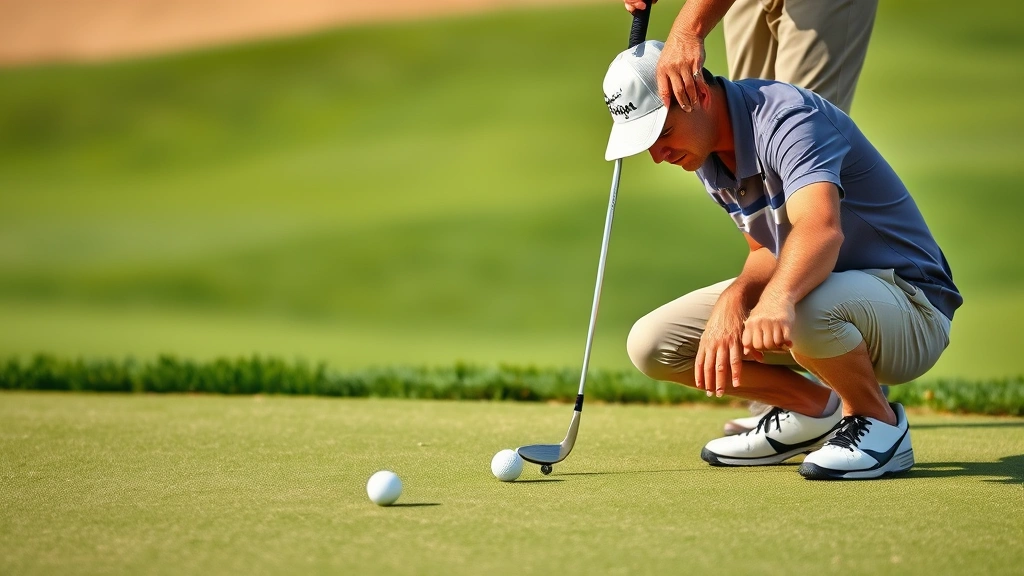 Golfer concentrating on a putt on the green with focus and determination, demonstrating mental preparation and pre-shot routine before striking the ball