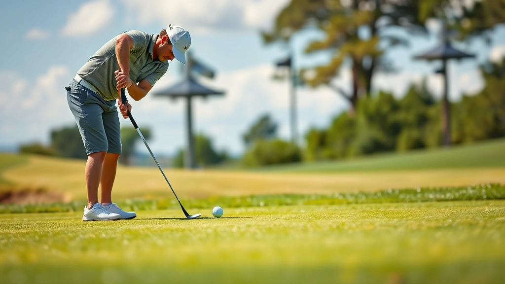 Golfer executing short game chip shot near green, focused concentration, natural outdoor golf course environment, demonstrating precision and control technique