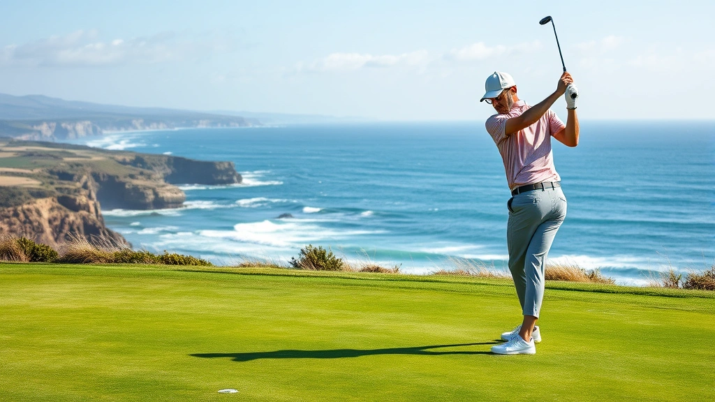 Professional golfer in mid-swing stance on oceanside fairway with ocean horizon and coastal cliffs visible in distance, demonstrating proper form during windy conditions