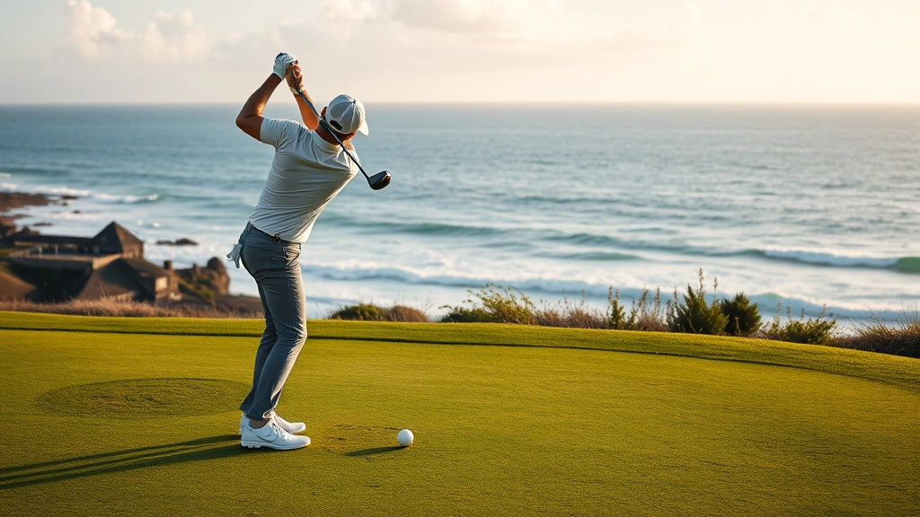Golfer preparing to hit shot on oceanside course with ocean visible in background, demonstrating proper stance and focus during coastal conditions