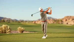 Professional golfer executing perfect swing mechanics on desert fairway with clear form, proper posture, and natural lighting showing athletic technique and confidence