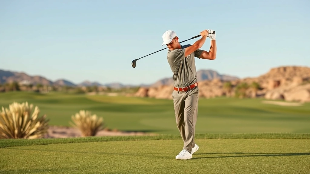 Professional golfer executing perfect swing mechanics on desert fairway with clear form, proper posture, and natural lighting showing athletic technique and confidence