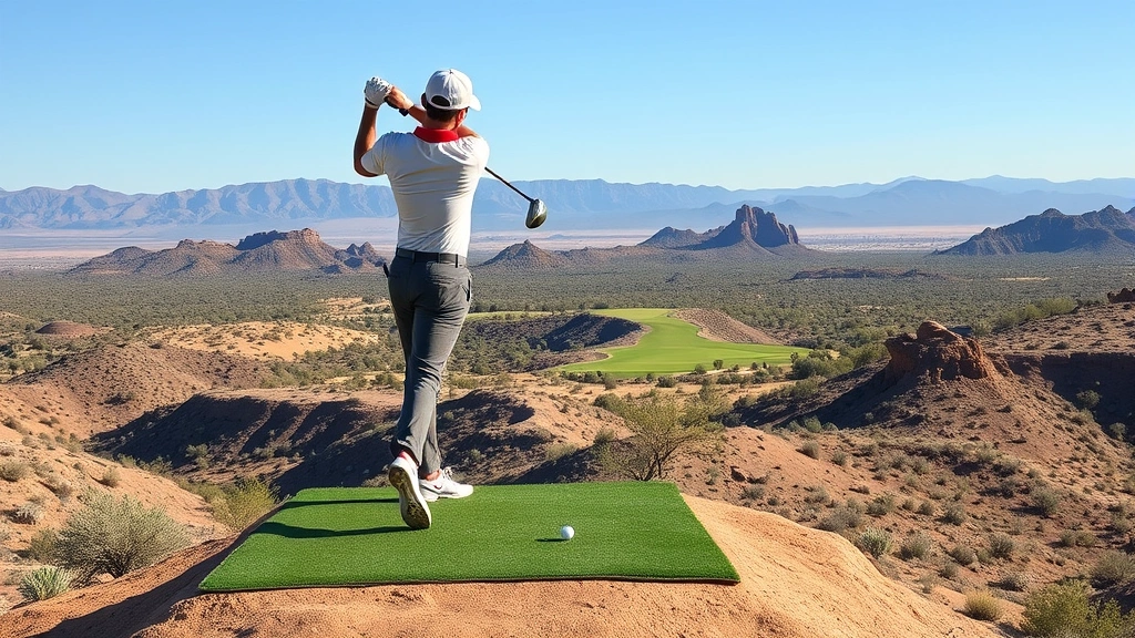 Golfer demonstrating full follow-through and balance on elevated tee box overlooking desert landscape, showing complete swing sequence and course management positioning