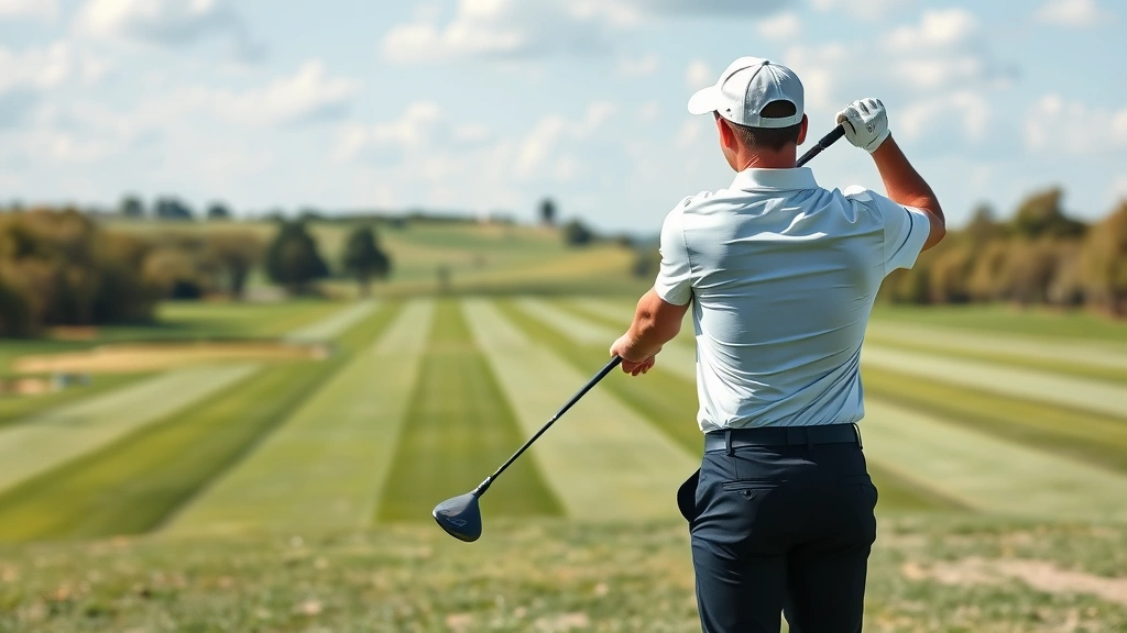 Golfer at practice range working on swing mechanics with focus and concentration, demonstrating proper technique and form