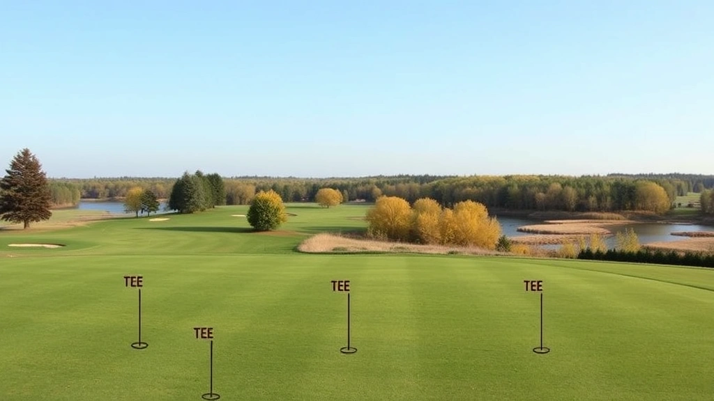 Golf course fairway with multiple tee markers showing varied difficulty levels, scenic Wisconsin landscape with trees and water hazards