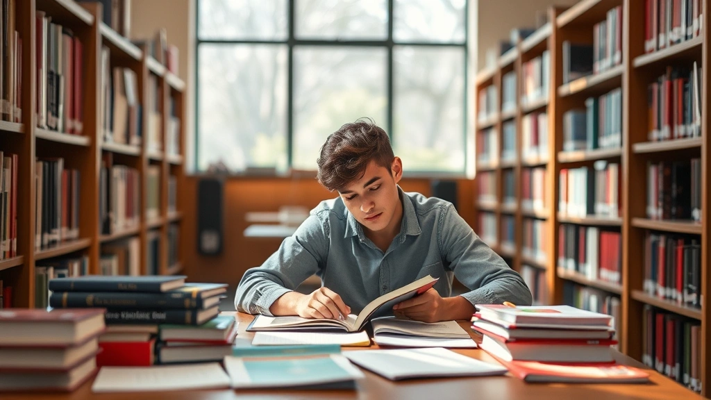 College student studying at library desk surrounded by textbooks and notes, focused expression, natural daylight from window, peaceful learning environment