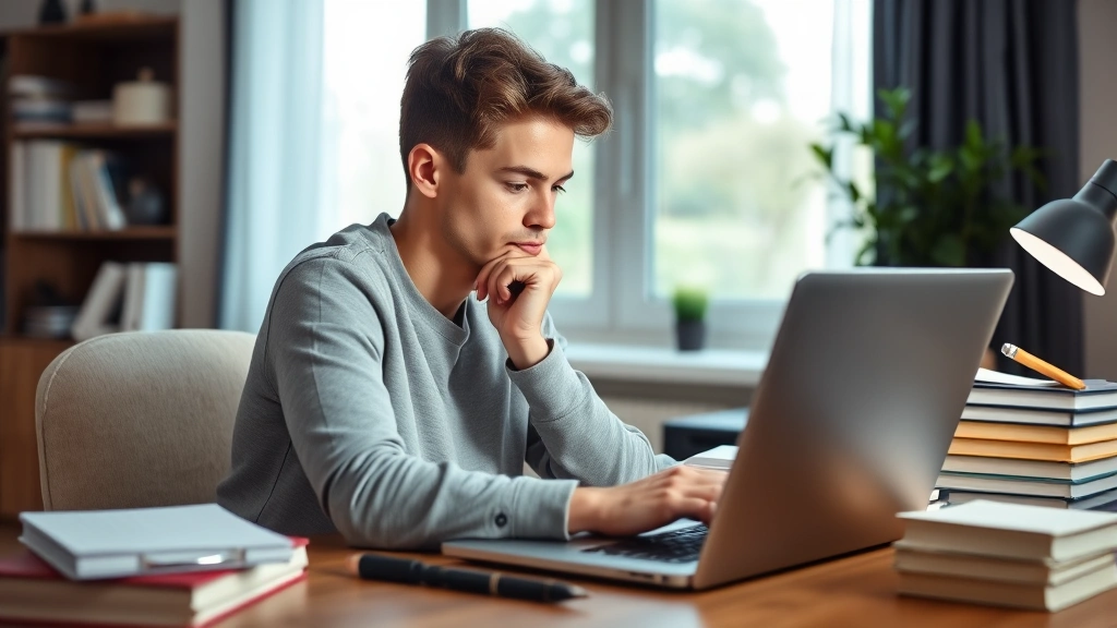 Young adult taking practice test on laptop in home study space, concentration on face, organized desk with materials, calm professional setting