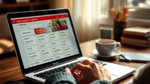 Close-up of hands typing on a laptop displaying Spanish language learning app interface with vocabulary cards, warm natural lighting, person focused on screen, study environment with coffee cup visible