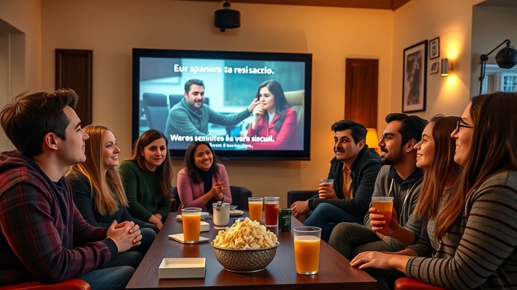 Diverse group of students in casual setting watching Spanish film together on large screen, subtitles visible, engaged expressions, popcorn and drinks on table, warm ambient lighting