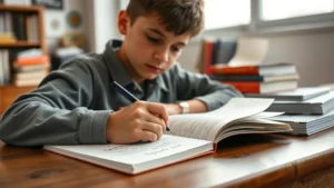 Close-up of a student writing Spanish vocabulary words in a notebook at a wooden desk, with Spanish textbooks and learning materials visible, natural window lighting, focused expression, realistic educational setting