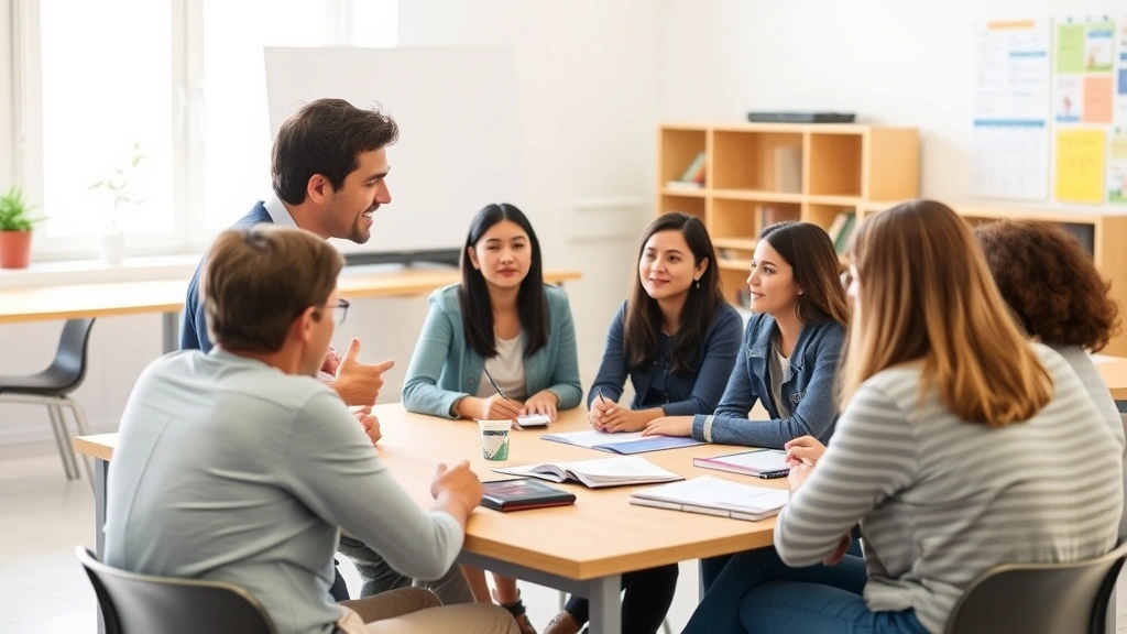 A small group of adult students in a bright classroom setting engaged in conversation practice with a Spanish instructor, demonstrating interactive language learning in a traditional educational environment