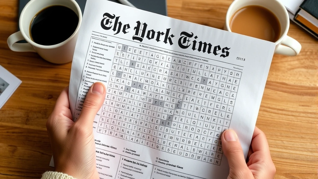 Hands holding a completed New York Times crossword puzzle with Spanish language answers visible, close-up detail shot showing pencil marks and grid patterns, natural desk setting with coffee cup nearby, educational puzzle-solving context