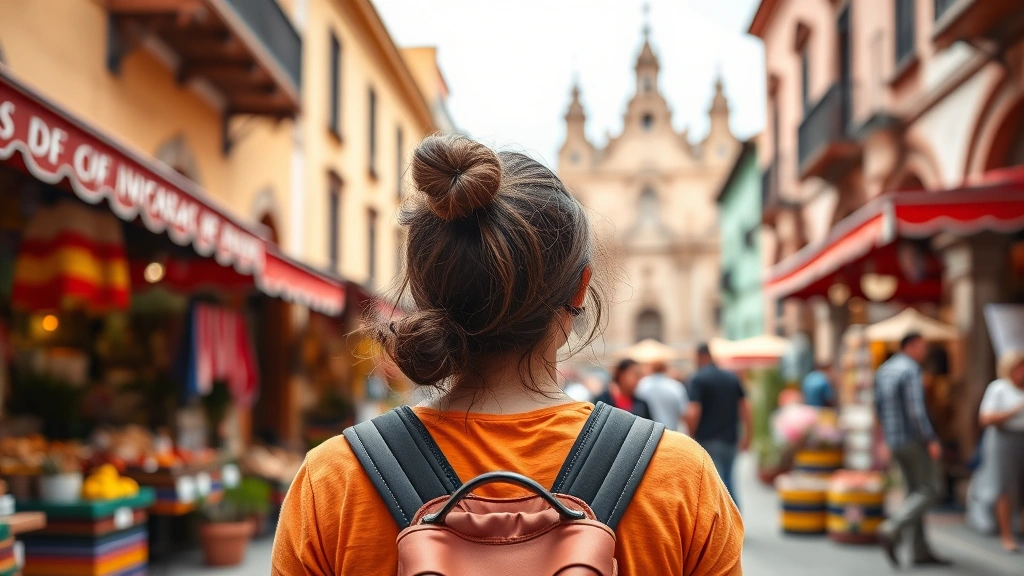 A student traveling in a Spanish-speaking country, photographed from behind looking at a colorful street market or historic plaza, representing immersive language learning experiences abroad