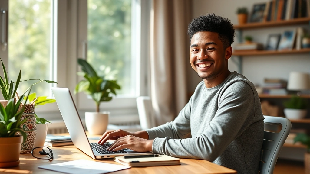 Student sitting at desk with laptop, smiling while studying, natural lighting from window, comfortable home learning environment, relaxed posture, diverse representation