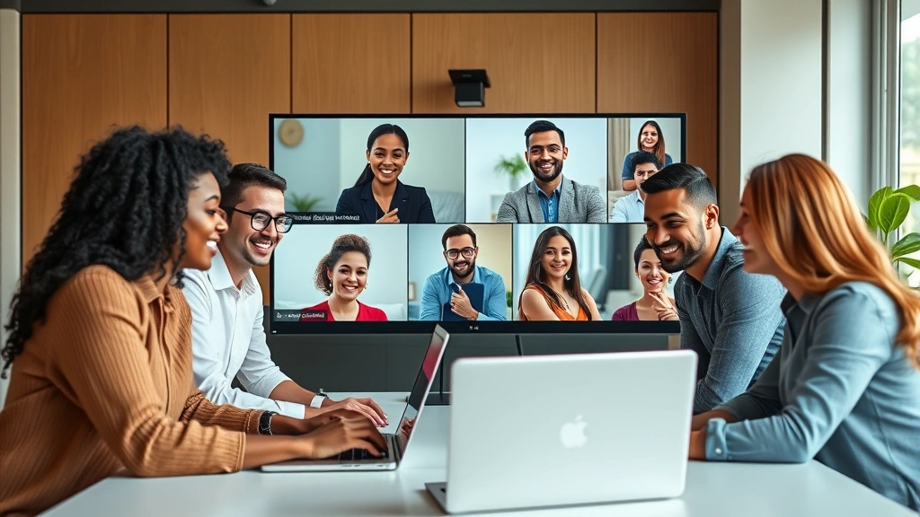 Multiple people of different ethnicities collaborating on laptop during virtual meeting, diverse group on video call screens, professional yet friendly atmosphere, modern workspace