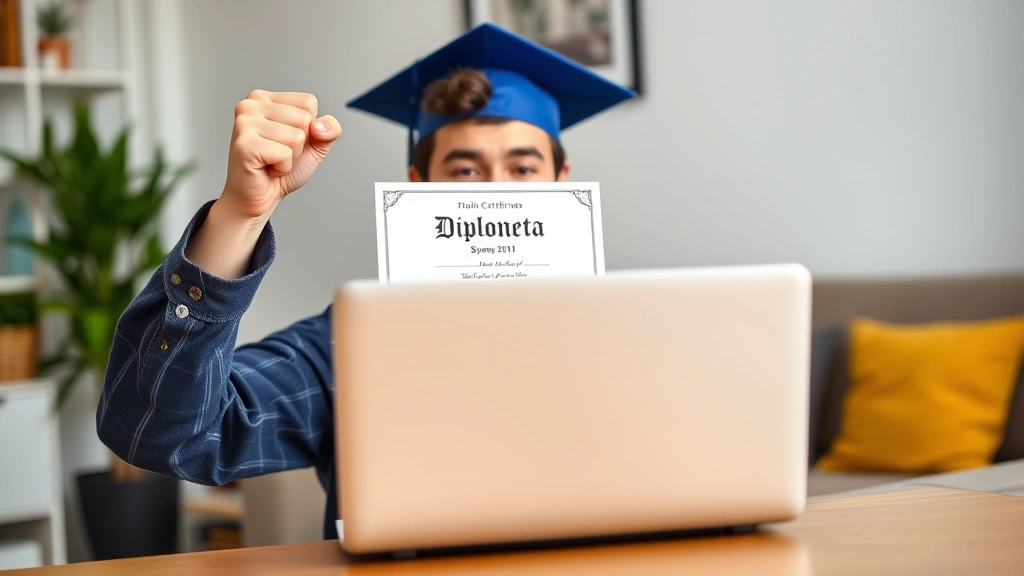Student celebrating achievement while holding diploma certificate on laptop screen, happy expression, raised fist in triumph, home background, achievement moment captured
