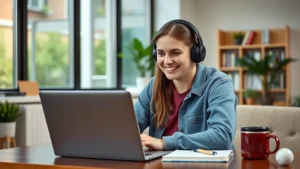 Young adult student wearing headphones, smiling while learning Spanish on laptop in bright, modern study space with notebook and coffee nearby