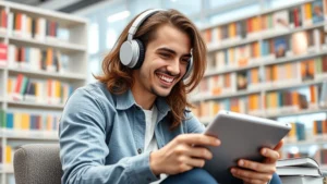 Young adult student wearing headphones, smiling while listening to Spanish language audio on tablet, sitting in bright modern library with colorful language learning books visible in background