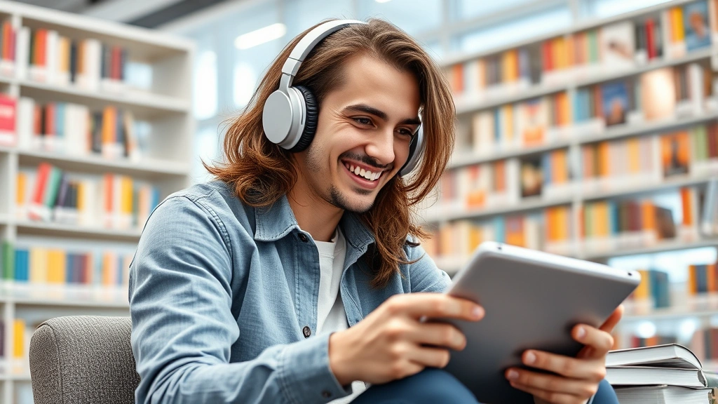 Young adult student wearing headphones, smiling while listening to Spanish language audio on tablet, sitting in bright modern library with colorful language learning books visible in background