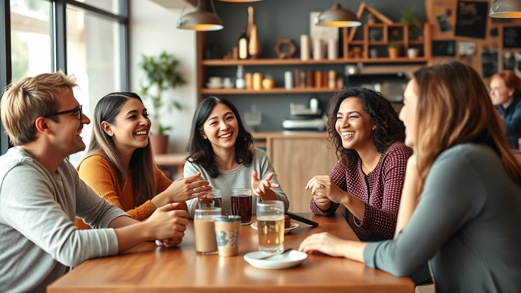 Diverse group of language learners having animated conversation in casual coffee shop setting, engaged and laughing naturally