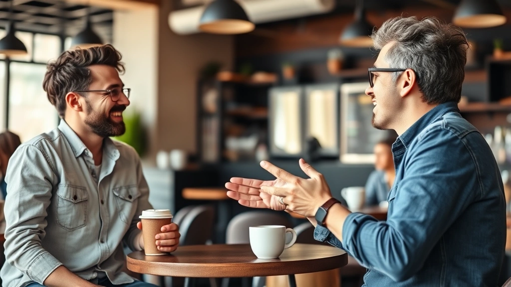 Diverse group of three people having animated conversation in casual coffee shop setting, laughing and engaged, one person gesturing expressively while speaking, warm natural lighting