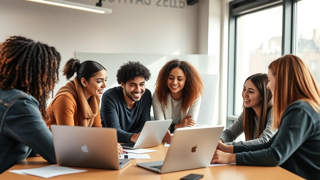 A diverse group of students collaborating on a group project in a modern university classroom with natural lighting, laptops, and whiteboards visible, engaged and smiling during active learning
