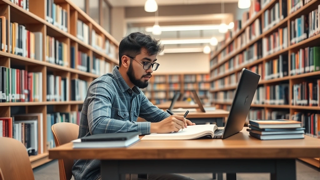 A student studying in a well-equipped university library with contemporary design, surrounded by books and digital resources, concentrated and focused on coursework at a wooden study table