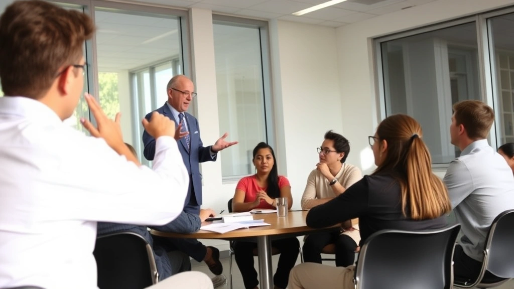 A professor leading a small seminar discussion with students seated around a table, hands raised, engaged in animated academic conversation in a bright classroom setting with large windows