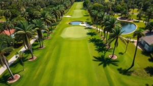 Wide aerial view of lush green fairway lined with mature palm trees and strategically placed water hazards, professional golf course maintenance, bright Florida sunlight