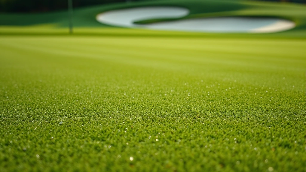 Close-up of pristine putting green with subtle undulations and carefully raked bunker in background, professional course conditioning, morning dew on grass