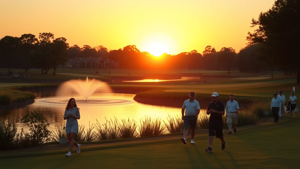 Golfers walking along scenic fairway during golden hour with water feature reflecting sunset, natural landscape design, diverse group enjoying outdoor sport