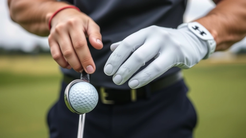 Professional golfer demonstrating proper grip position on golf club, close-up of hands showing overlapping grip technique with neutral hand position, golf ball and fairway background blurred