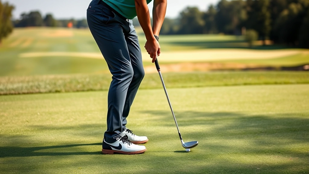 Golfer in perfect athletic stance and posture addressing the ball, demonstrating proper weight distribution and alignment, golf course fairway and green visible, natural lighting