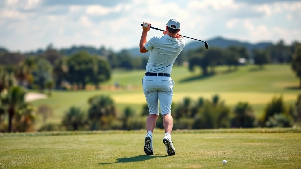 Golfer completing follow-through with balanced finish position on one leg, body fully rotated toward target, arms extended above shoulders, beautiful golf course landscape background