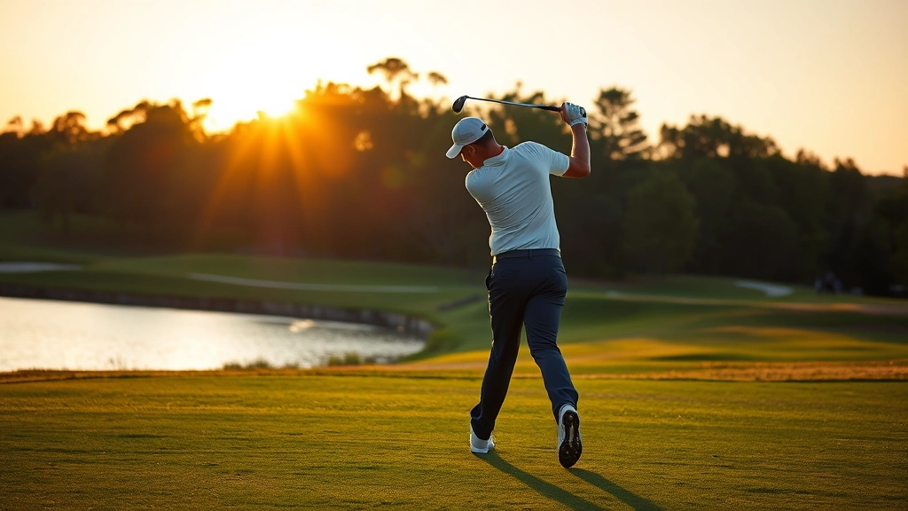 Professional golfer in mid-swing at sunrise on a challenging golf course with water hazard and trees in background, demonstrating proper form and posture