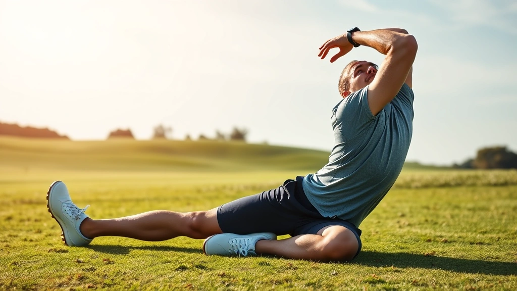 Golfer stretching and performing flexibility exercises on golf course grass, demonstrating fitness and mobility training for golf performance