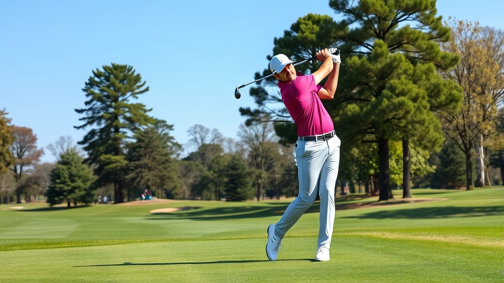 Professional golfer mid-swing on a beautiful championship golf course with manicured fairways and trees in background, demonstrating proper golf form and technique