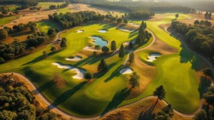 Aerial view of a beautifully manicured golf course showing multiple holes winding through natural landscape with trees, water features, and carefully shaped fairways in morning sunlight, photorealistic professional golf course design