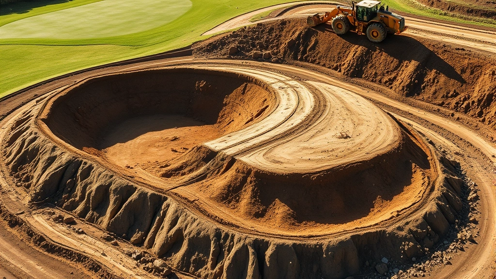 Close-up of golf course construction equipment grading and shaping earth to create strategic bunkers and fairway contours, showing landscape design process with heavy machinery on partially developed course