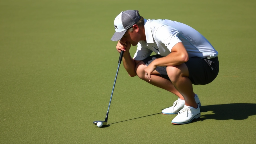 Golfer crouching to read green on putting surface, examining slope and break, wearing golf attire, concentrated focused expression, manicured putting green with natural shadows showing elevation changes