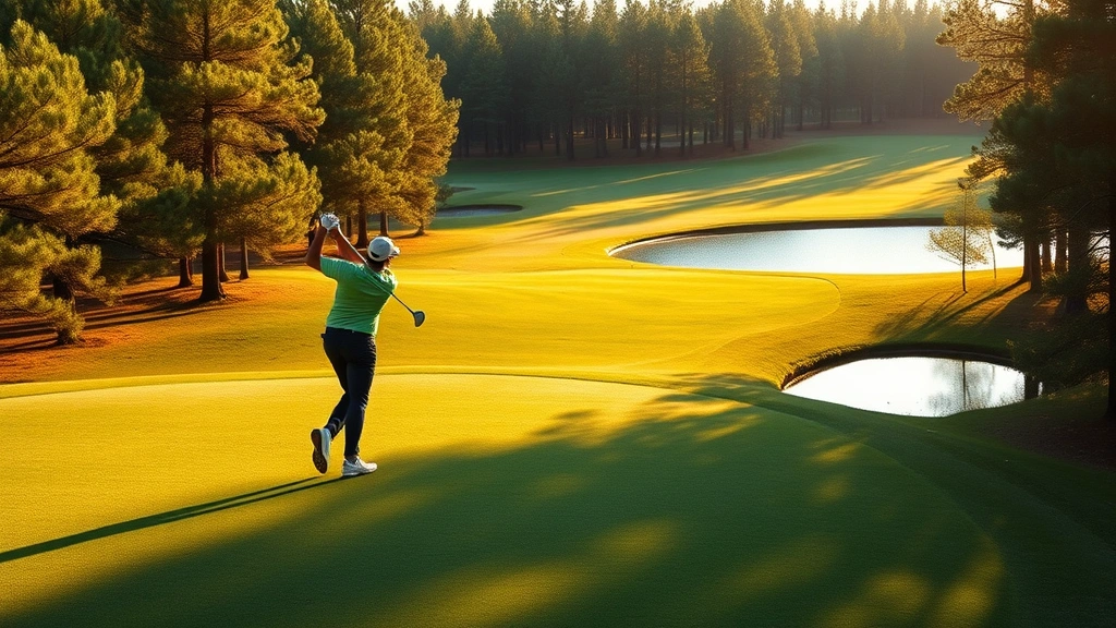 Golfer mid-swing on manicured fairway surrounded by pine trees and water hazard, morning sunlight creating long shadows, professional golf course landscape