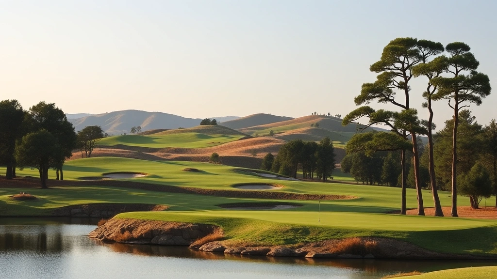 Golf course landscape showing elevation changes, water feature, and mature trees, scenic beauty, no signage