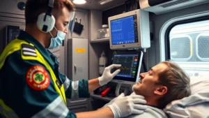 Paramedic in ambulance checking vital signs on patient monitor, professional medical setting with equipment visible, realistic clinical environment